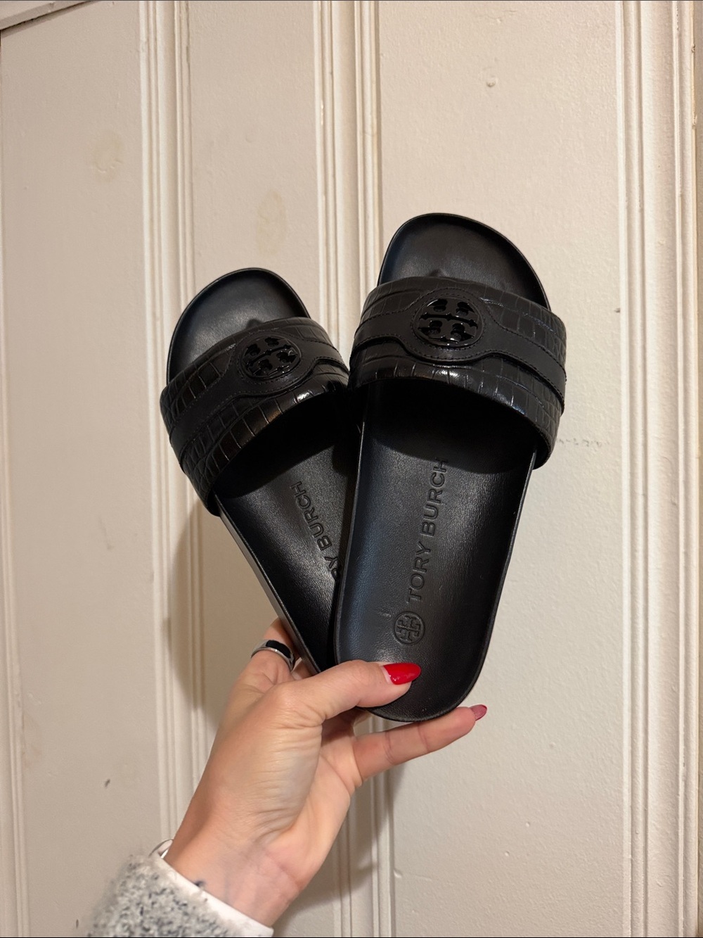 Tory Burch Black Croc-Embossed Slide Sandals